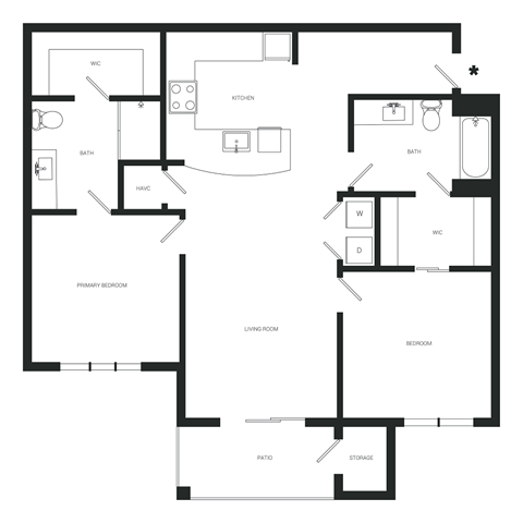 Floor plan for 2 beds, 2 baths, 1156 sqft